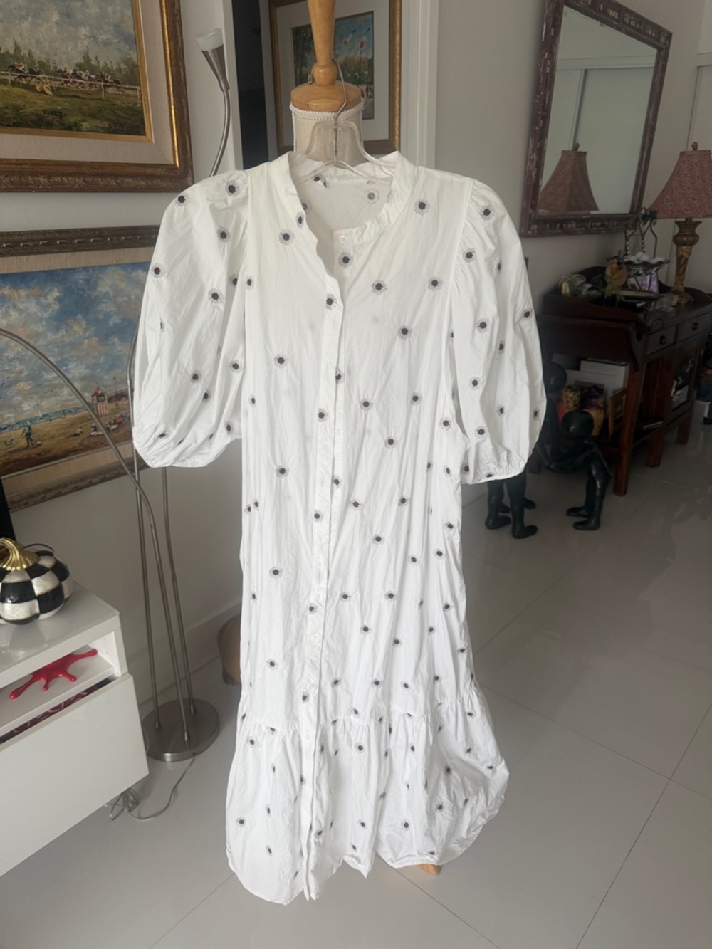 Zara White Cotton Midi Dress with Black Eyelet Dots